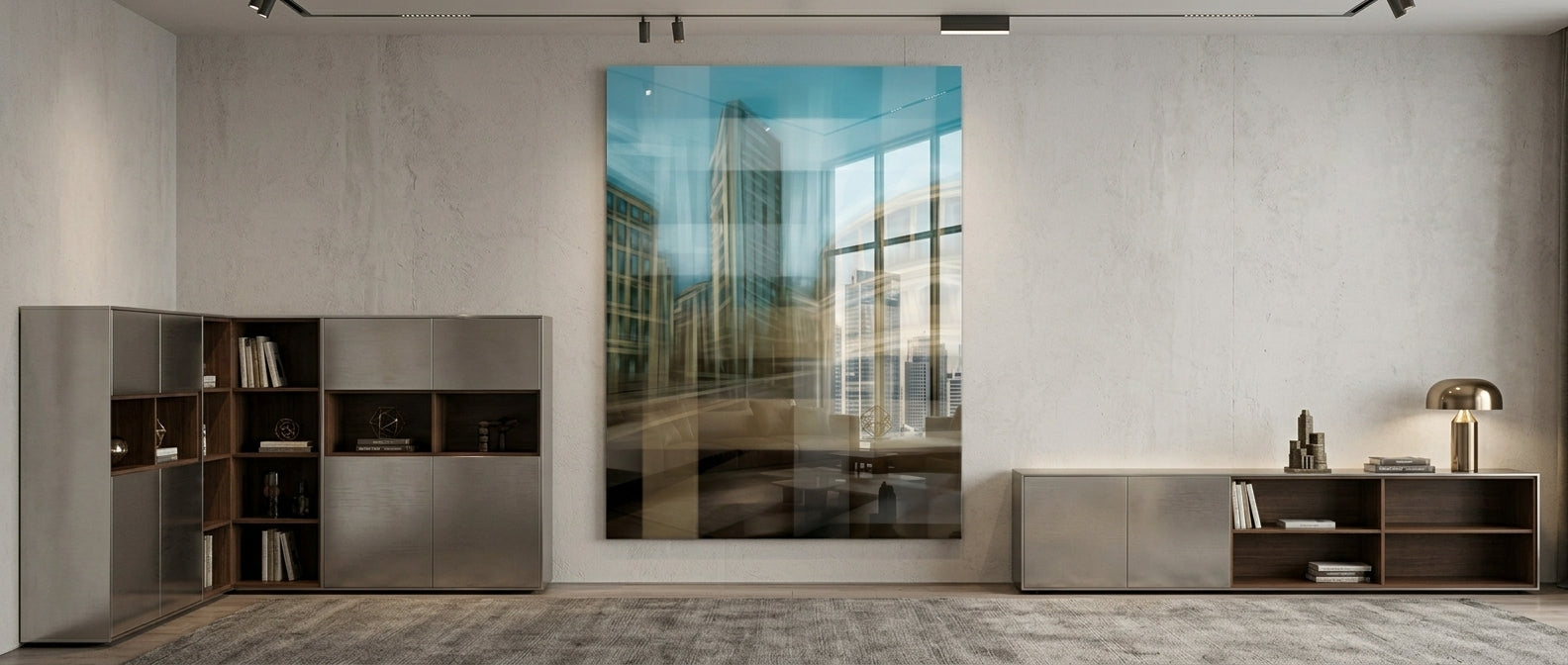 City in the Embrace of Golden Mist Acrylglasbild Banner