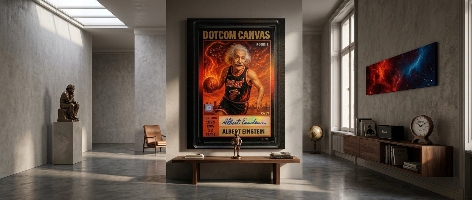 DOTCOMCANVAS Albert Einstein Basketball Card Pop Art Wandbild Leinwandbild Werbebanner