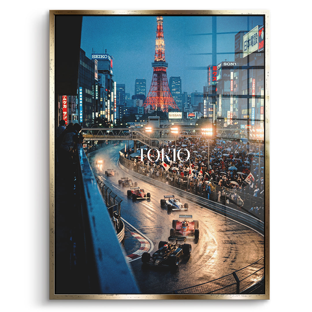 DOTCOMCANVAS Tokyo F1 Acrylglasbild Vorderansicht mit goldenem Rahmen