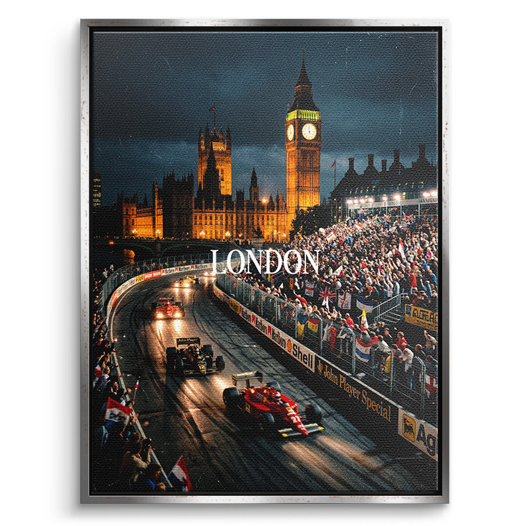 DOTCOMCANVAS London F1 Leinwandbild Vorderansicht mit silbernem Rahmen