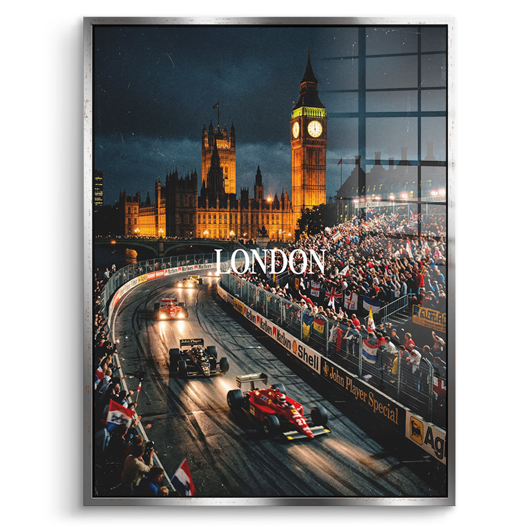 DOTCOMCANVAS London F1 Acrylglasbild Vorderansicht mit silbernem Rahmen