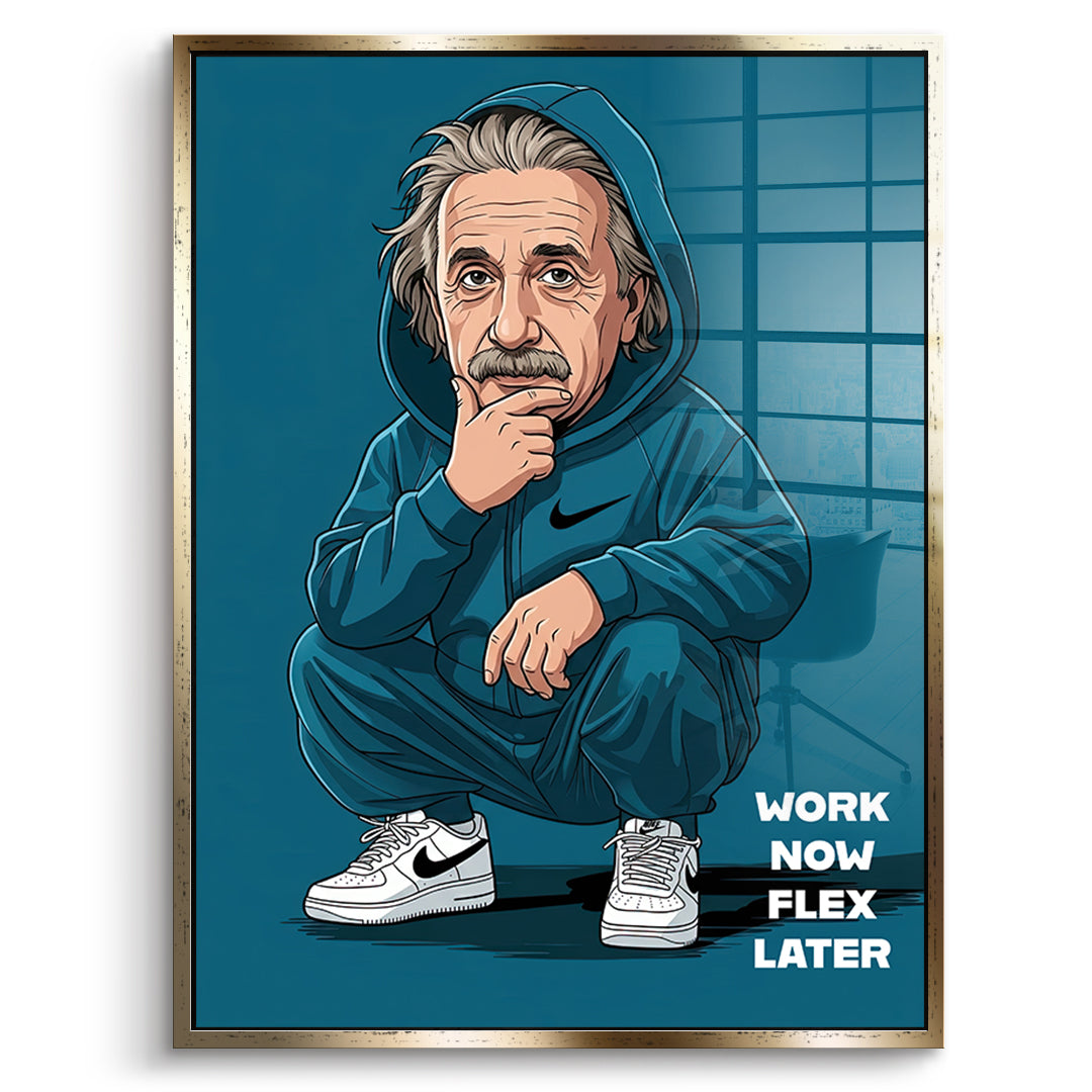 DOTCOMCANVAS Albert Einstein Swag Acrylglasbild Vorderansicht mit goldenem Rahmen