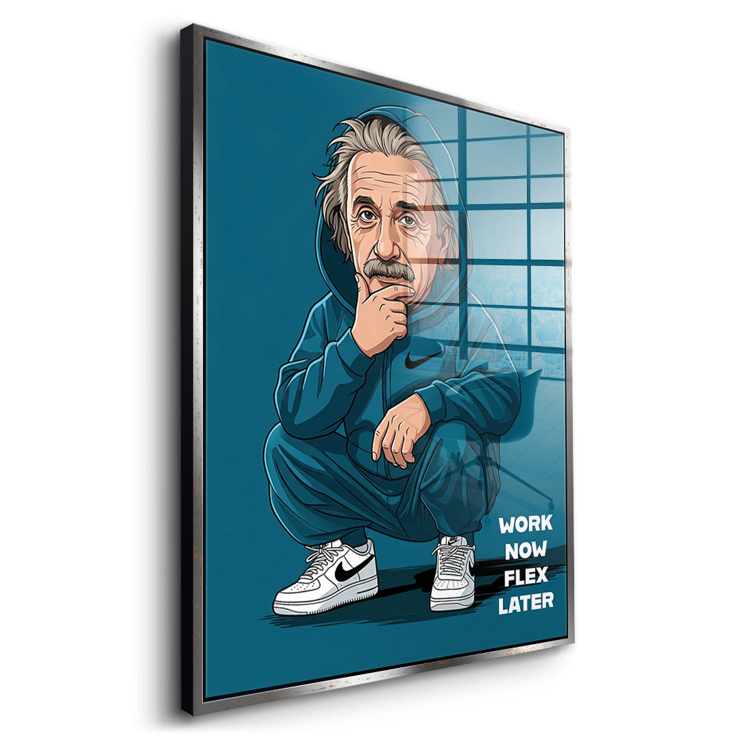 DOTCOMCANVAS Albert Einstein Swag Acrylglasbild Seitenansicht mit silbernem Rahmen