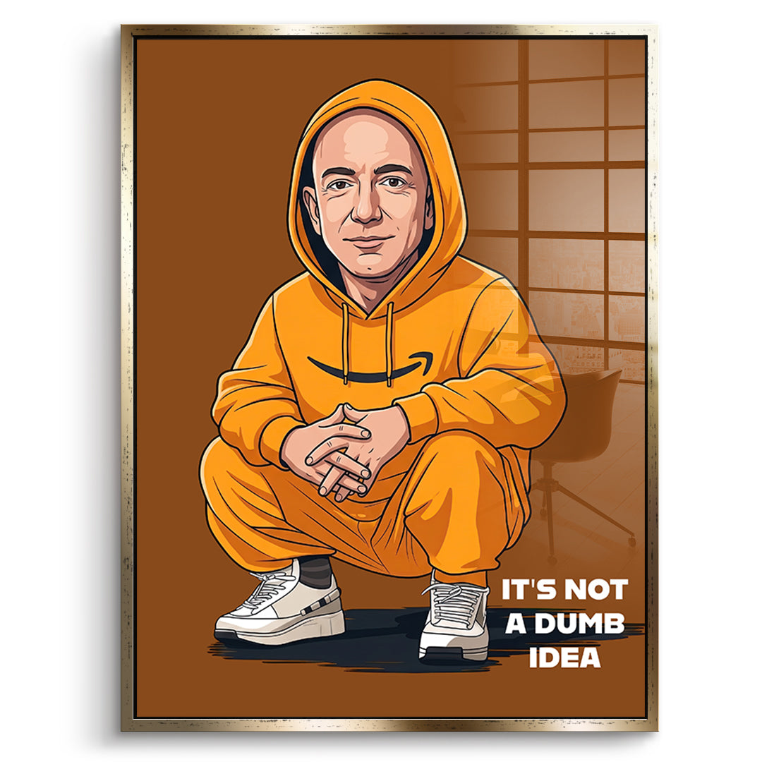 DOTCOMCANVAS Jeff Bezos Swag Acrylglasbild Vorderansicht mit goldenem Rahmen