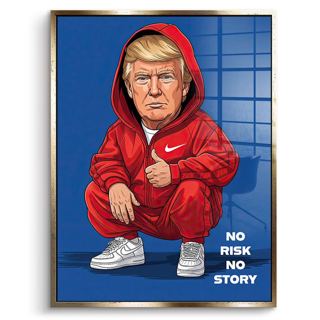 DOTCOMCANVAS Trump Swag Acrylglasbild Vorderansicht mit goldenem Rahmen