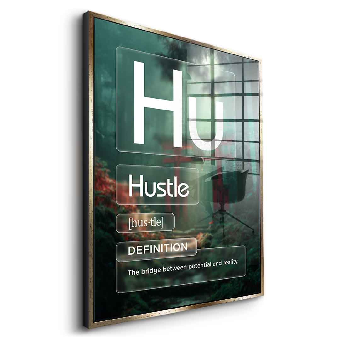 Hustle Acrylglasbild Version Farbig – Seitenansicht mit Silberrahmen | DOTCOMCANVAS® Wandbild