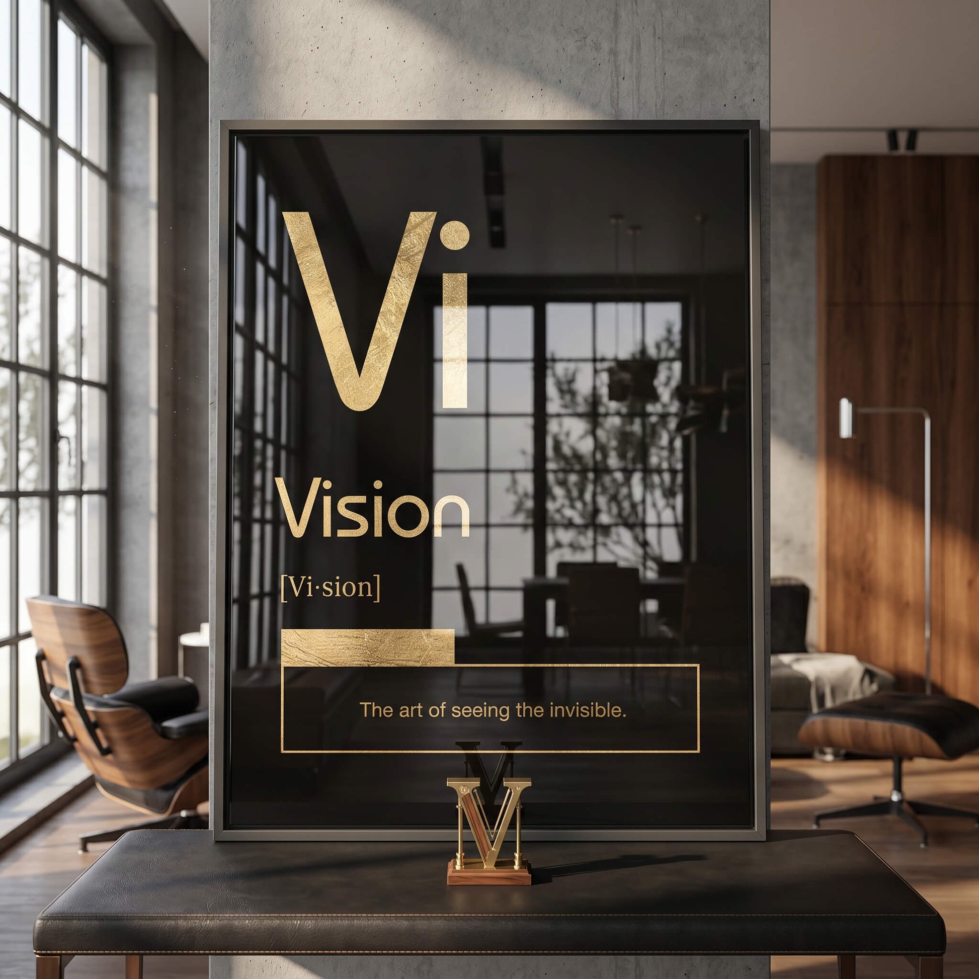 DOTCOMCANVAS® Vision (Vi) Acrylglasbild Version Schwarz – Raum-Mockup