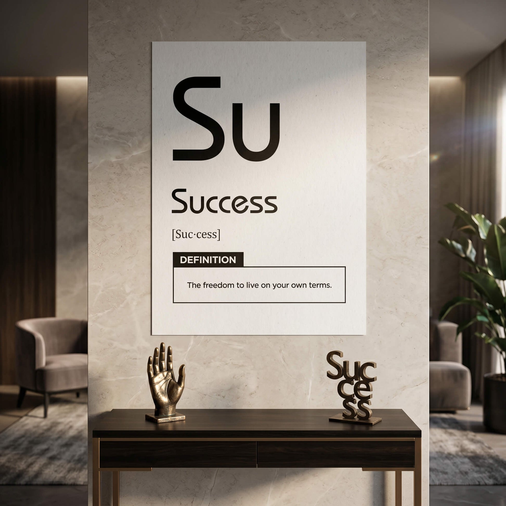 DOTCOMCANVAS® Success (Su) Poster Version Weiß – Raum-Mockup