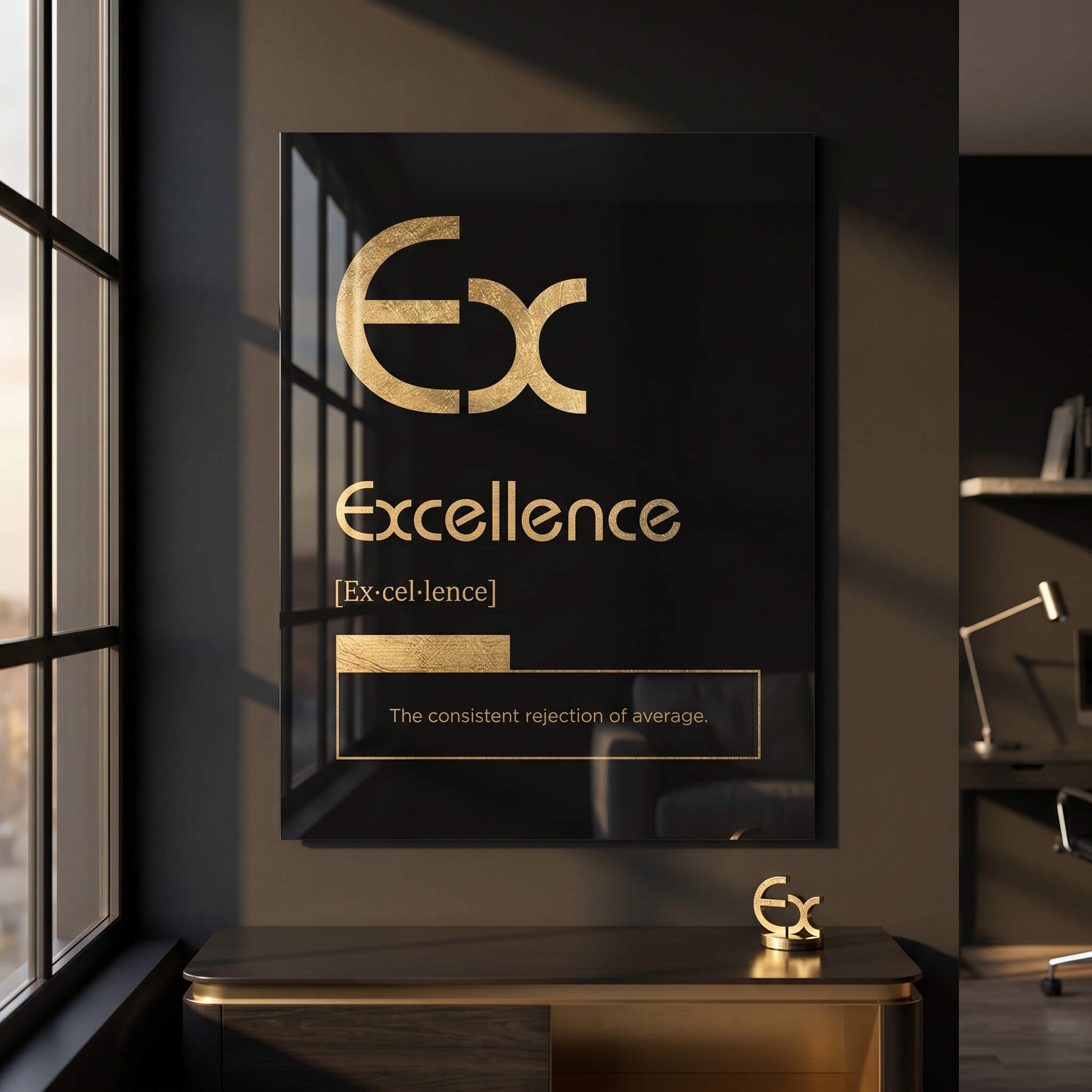 DOTCOMCANVAS® Excellence (Ex) Acrylglasbild Version Schwarz – Raum-Mockup