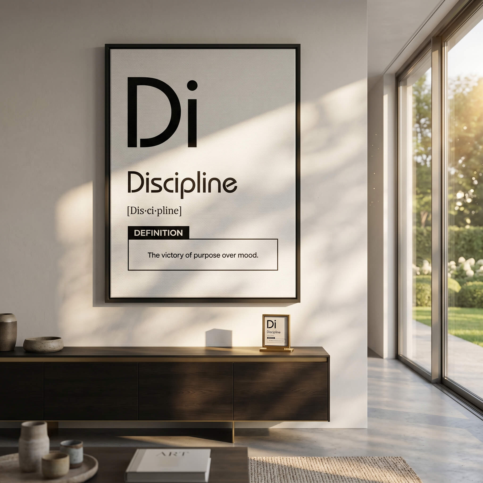 DOTCOMCANVAS® Discipline (Di) Leinwandbild Version Weiß – Raum-Mockup