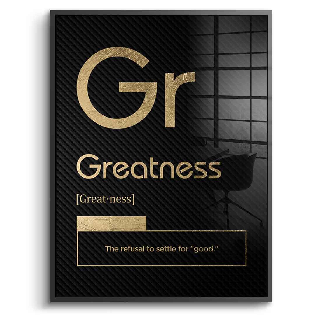 DOTCOMCANVAS® Greatness (Gr) Acrylglasbild Version Schwarz – Echtheitszertifikat