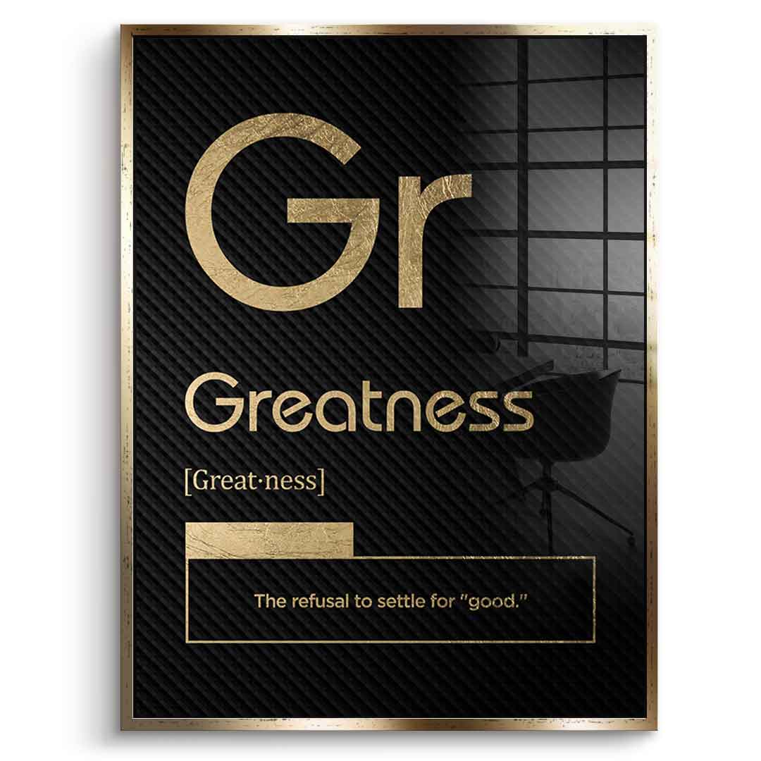 DOTCOMCANVAS® Greatness (Gr) Acrylglasbild Version Schwarz – Vorderansicht Silberner Rahmen