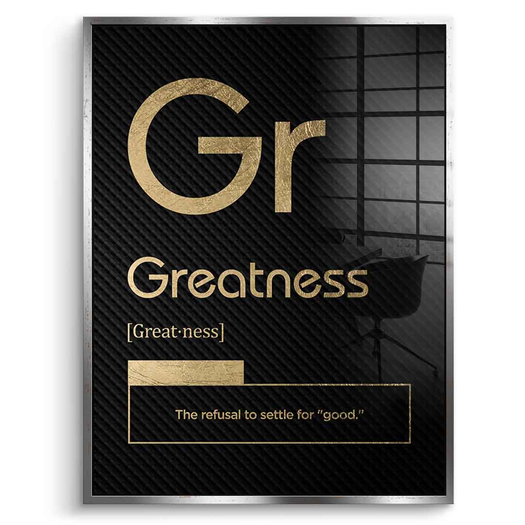 DOTCOMCANVAS® Greatness (Gr) Acrylglasbild Version Schwarz – Vorderansicht Weißer Rahmen