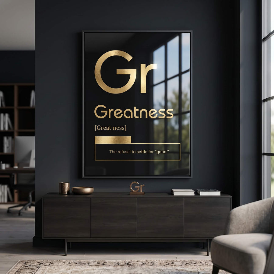 DOTCOMCANVAS® Greatness (Gr) Acrylglasbild Version Schwarz – Raum-Mockup
