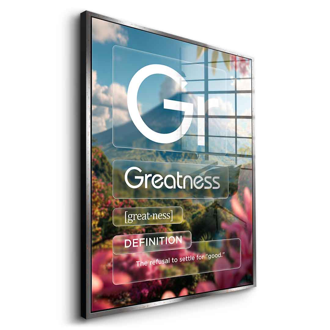 DOTCOMCANVAS® Greatness (Gr) Acrylglasbild Version Farbig – Vorderansicht Ohne Rahmen