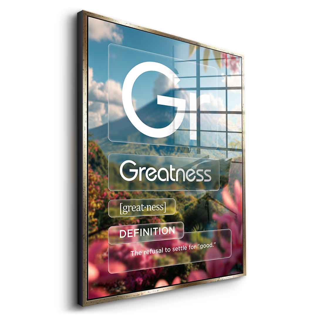 DOTCOMCANVAS® Greatness (Gr) Acrylglasbild Version Farbig – Seitenansicht Schwarz