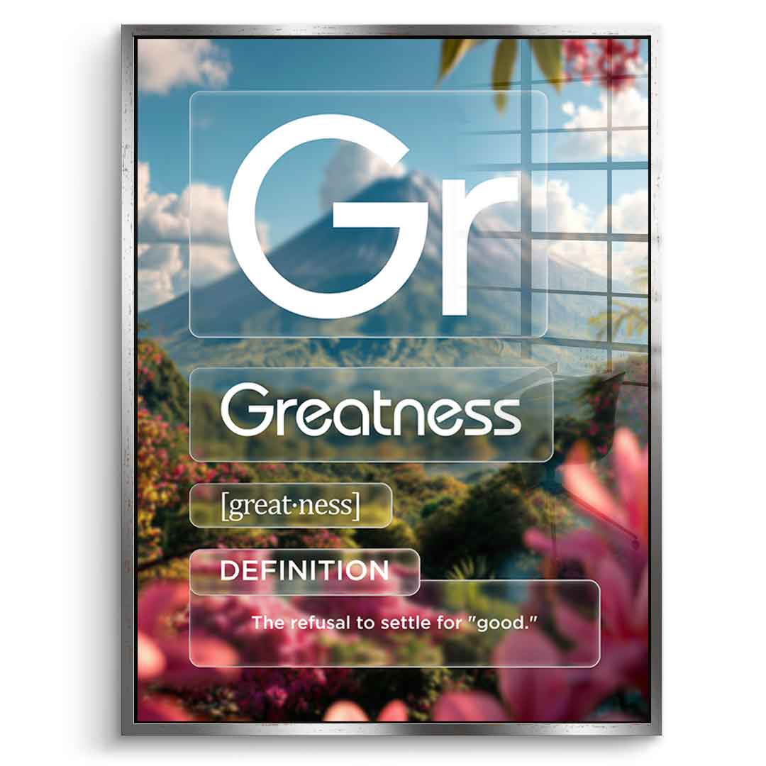 DOTCOMCANVAS® Greatness (Gr) Acrylglasbild Version Farbig – Vorderansicht Weißer Rahmen