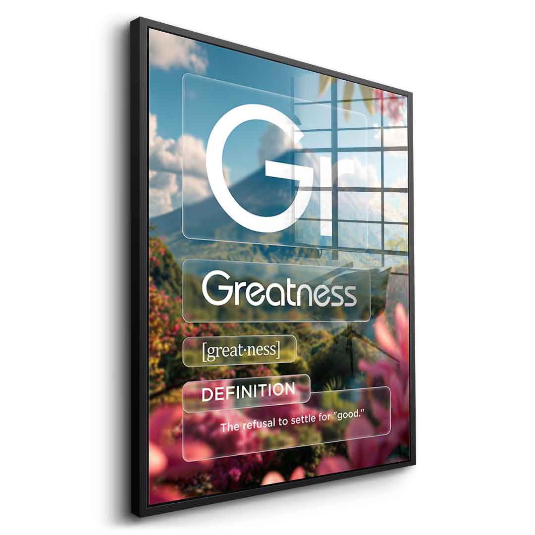 DOTCOMCANVAS® Greatness (Gr) Acrylglasbild Version Farbig – Vorderansicht Goldener Rahmen