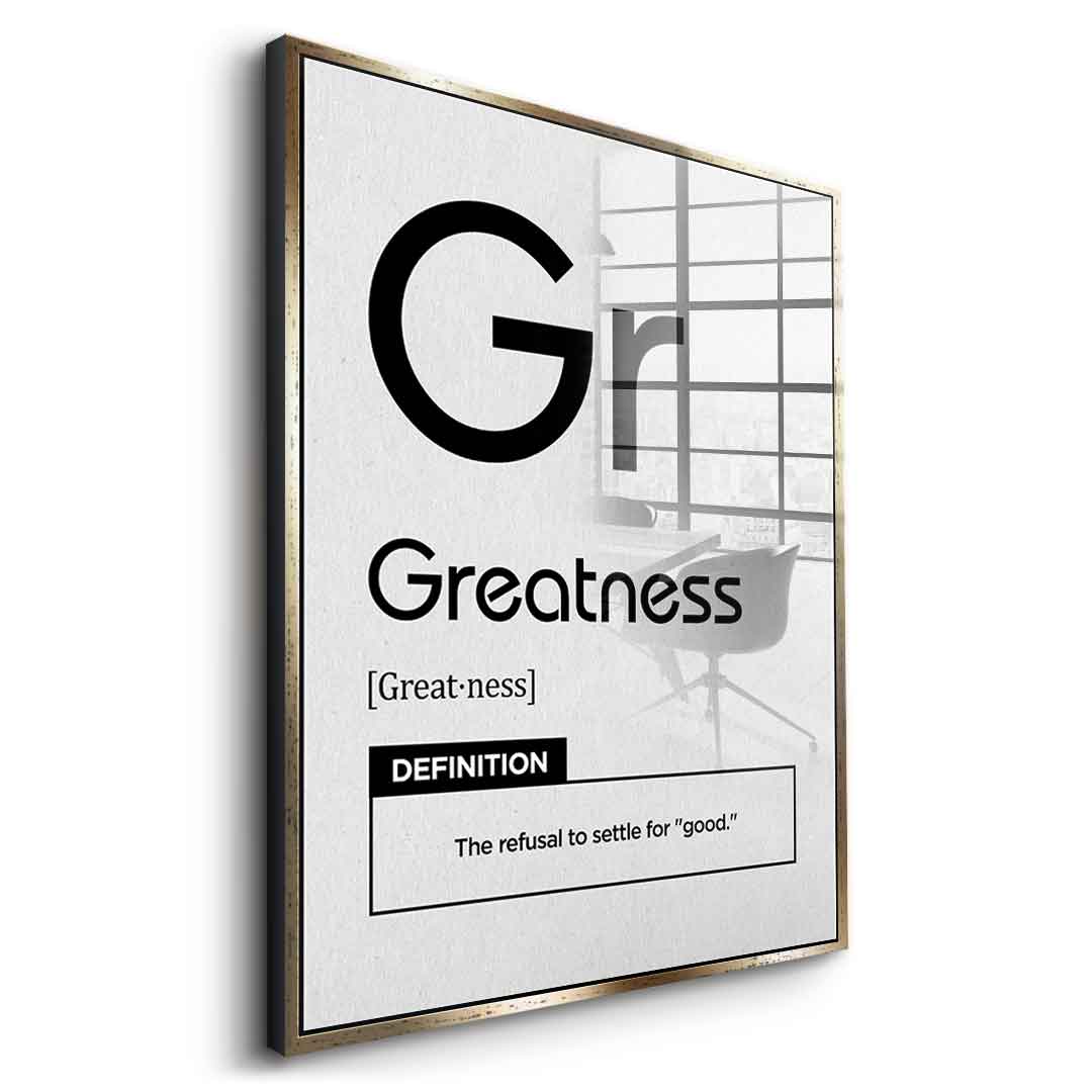 DOTCOMCANVAS® Greatness (Gr) Acrylglasbild Version Weiß – Seitenansicht Schwarz