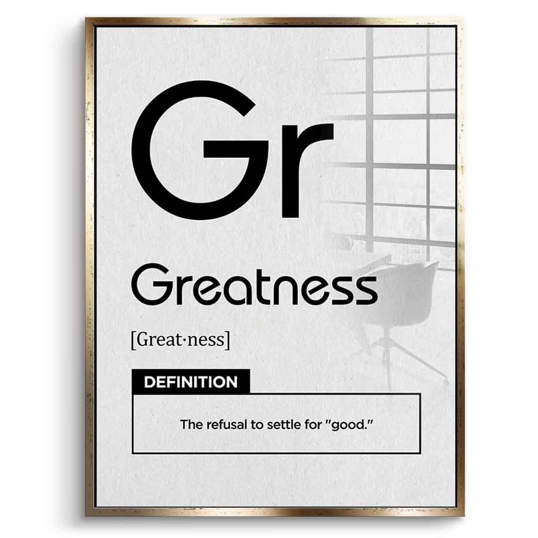 DOTCOMCANVAS® Greatness (Gr) Acrylglasbild Version Weiß – Vorderansicht Silberner Rahmen