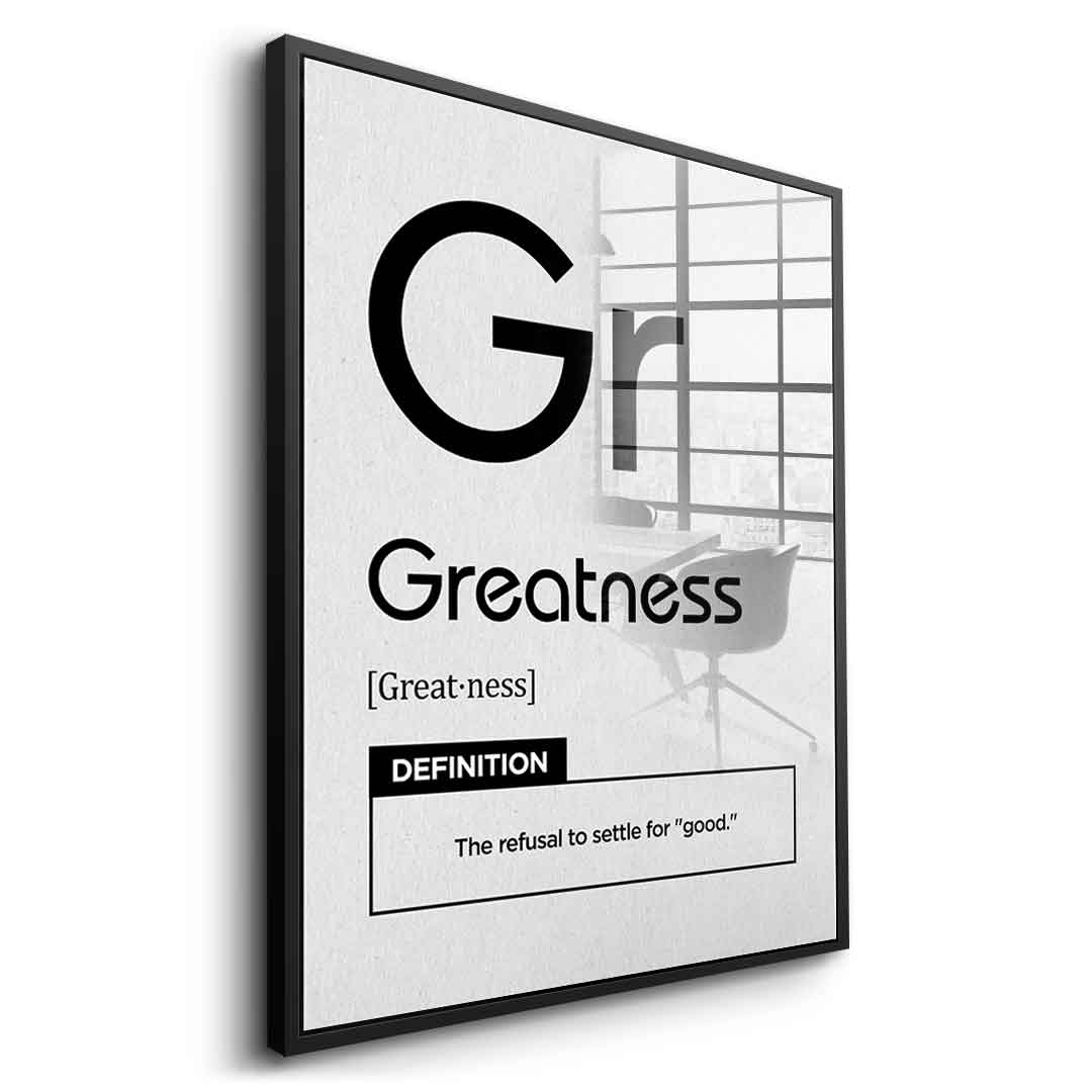 DOTCOMCANVAS® Greatness (Gr) Acrylglasbild Version Weiß – Vorderansicht Goldener Rahmen