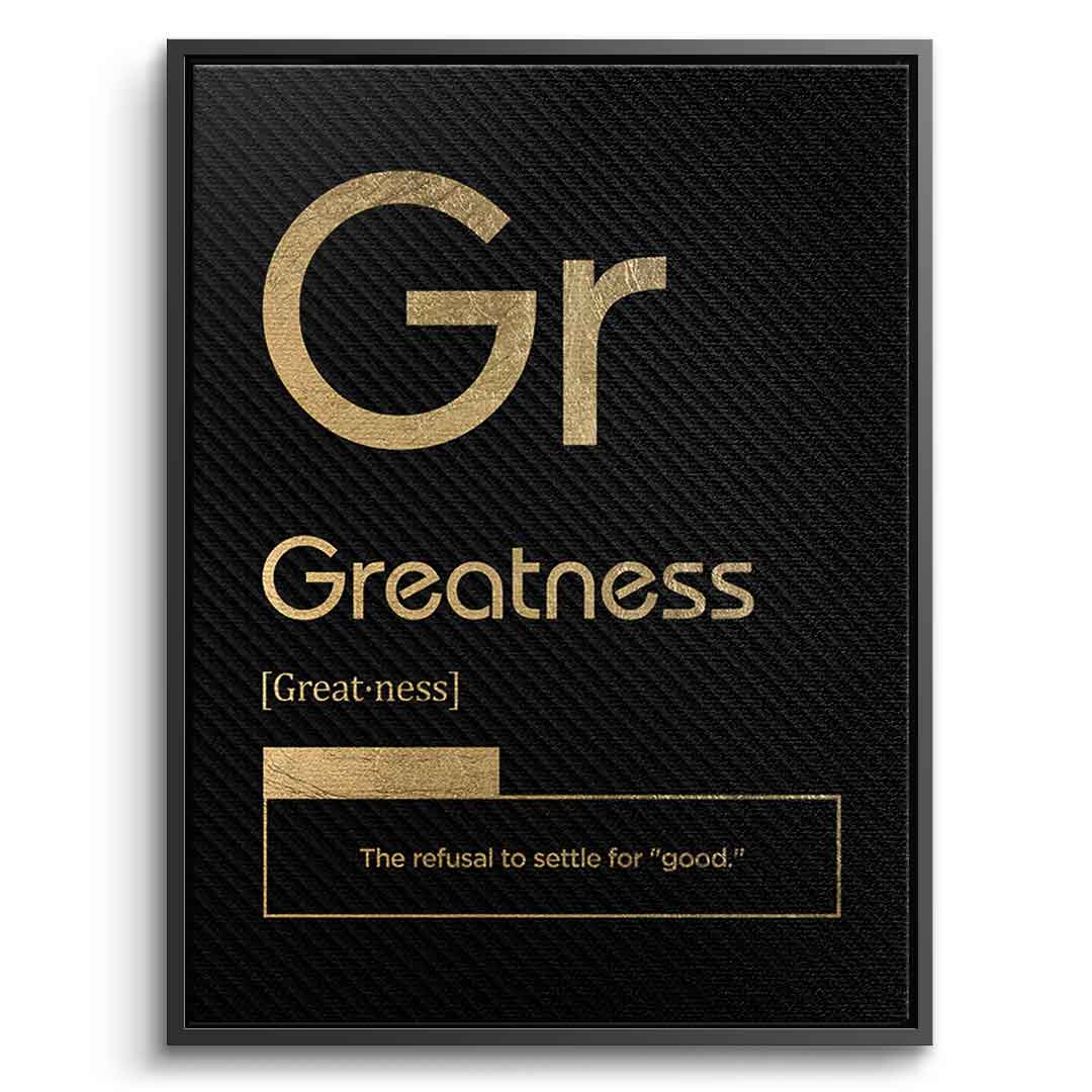 DOTCOMCANVAS® Greatness (Gr) Leinwandbild Version Schwarz – Vorderansicht Silberner Rahmen