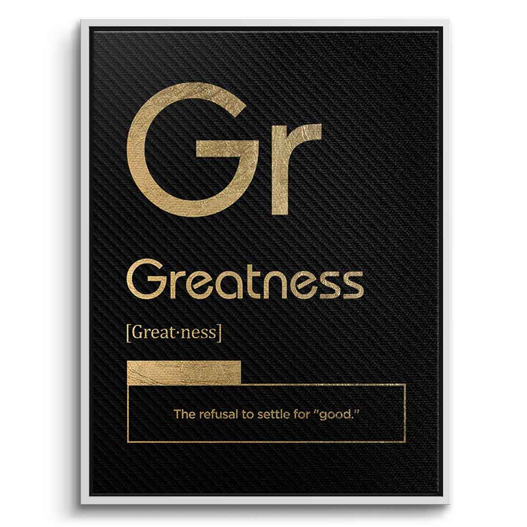 DOTCOMCANVAS® Greatness (Gr) Leinwandbild Version Schwarz – Vorderansicht Weißer Rahmen