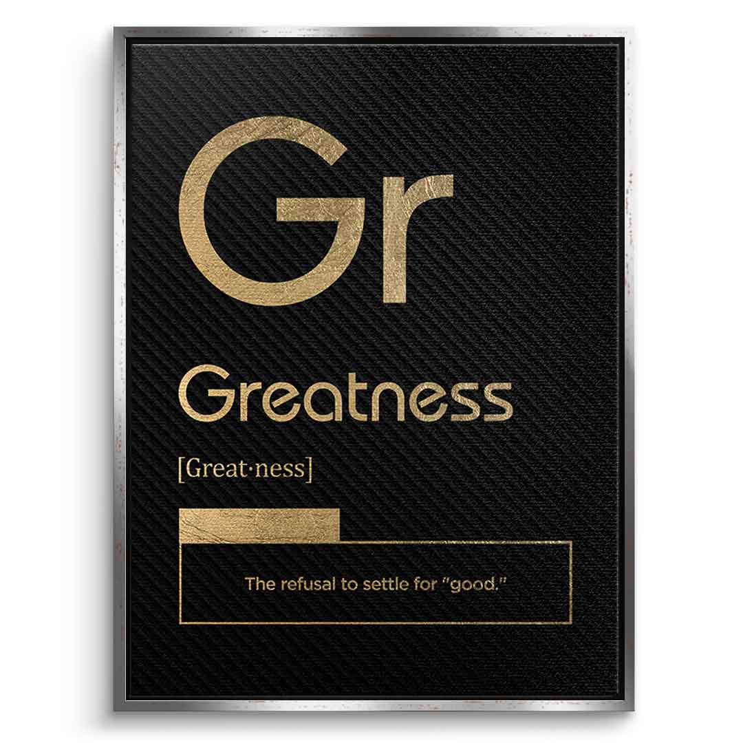 DOTCOMCANVAS® Greatness (Gr) Leinwandbild Version Schwarz – Vorderansicht Schwarzer Rahmen