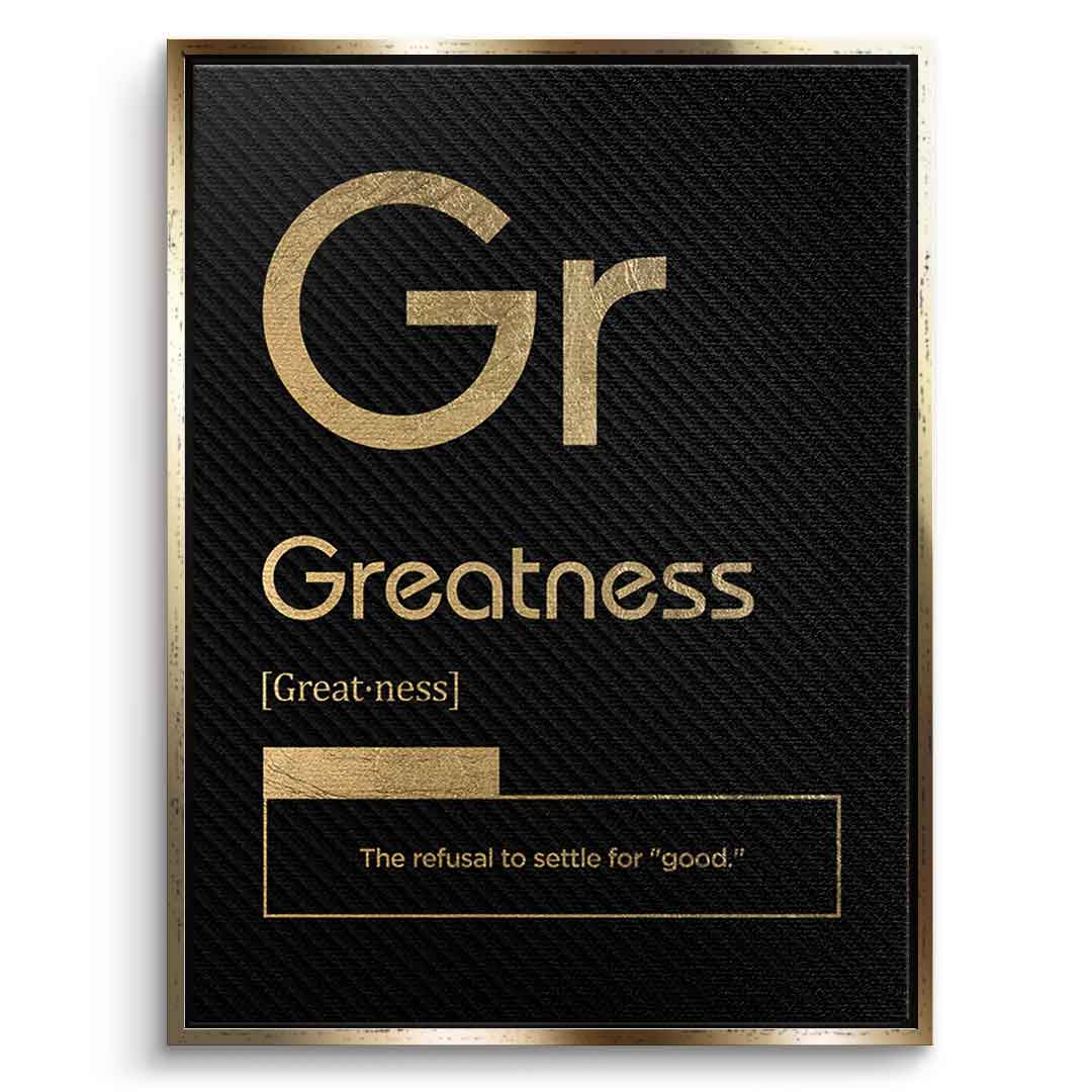 DOTCOMCANVAS® Greatness (Gr) Leinwandbild Version Schwarz – Vorderansicht Goldener Rahmen