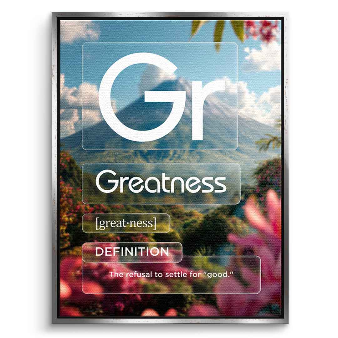 DOTCOMCANVAS® Greatness (Gr) Leinwandbild Version Farbig – Vorderansicht Schwarzer Rahmen
