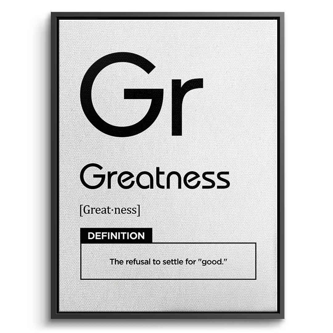 DOTCOMCANVAS® Greatness (Gr) Leinwandbild Version Weiß – Vorderansicht Silberner Rahmen