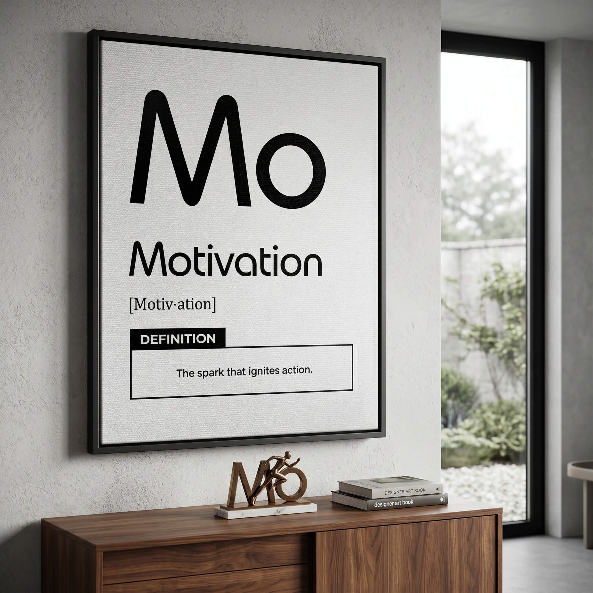 DOTCOMCANVAS® Motivation (Mo) Leinwandbild Version Weiß – Raum-Mockup