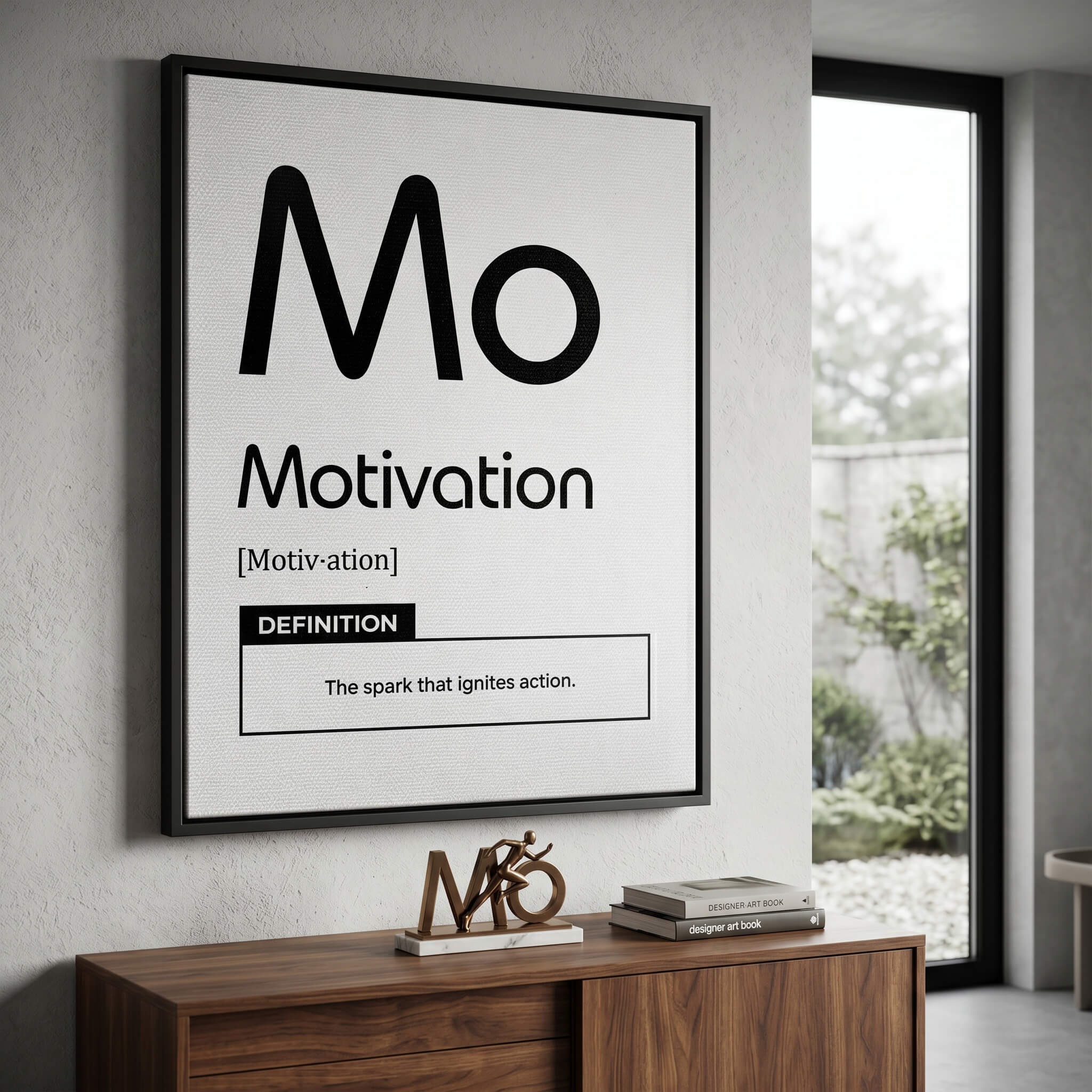 DOTCOMCANVAS® Motivation (Mo) Leinwandbild Version Weiß – Raum-Mockup
