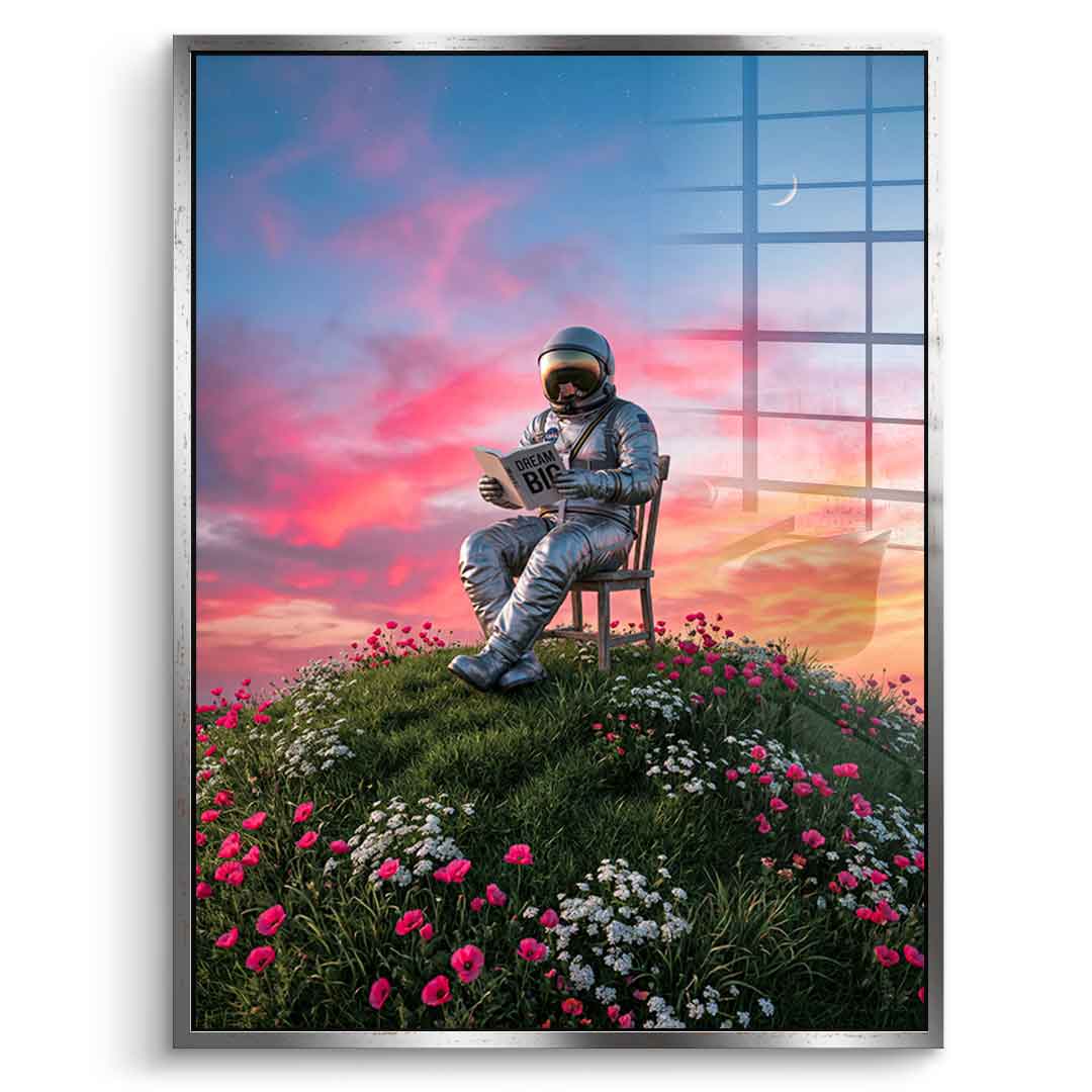 DOTCOMCANVAS® Astronaut's Big Dreams Acrylglasbild – Vorderansicht silberner Rahmen