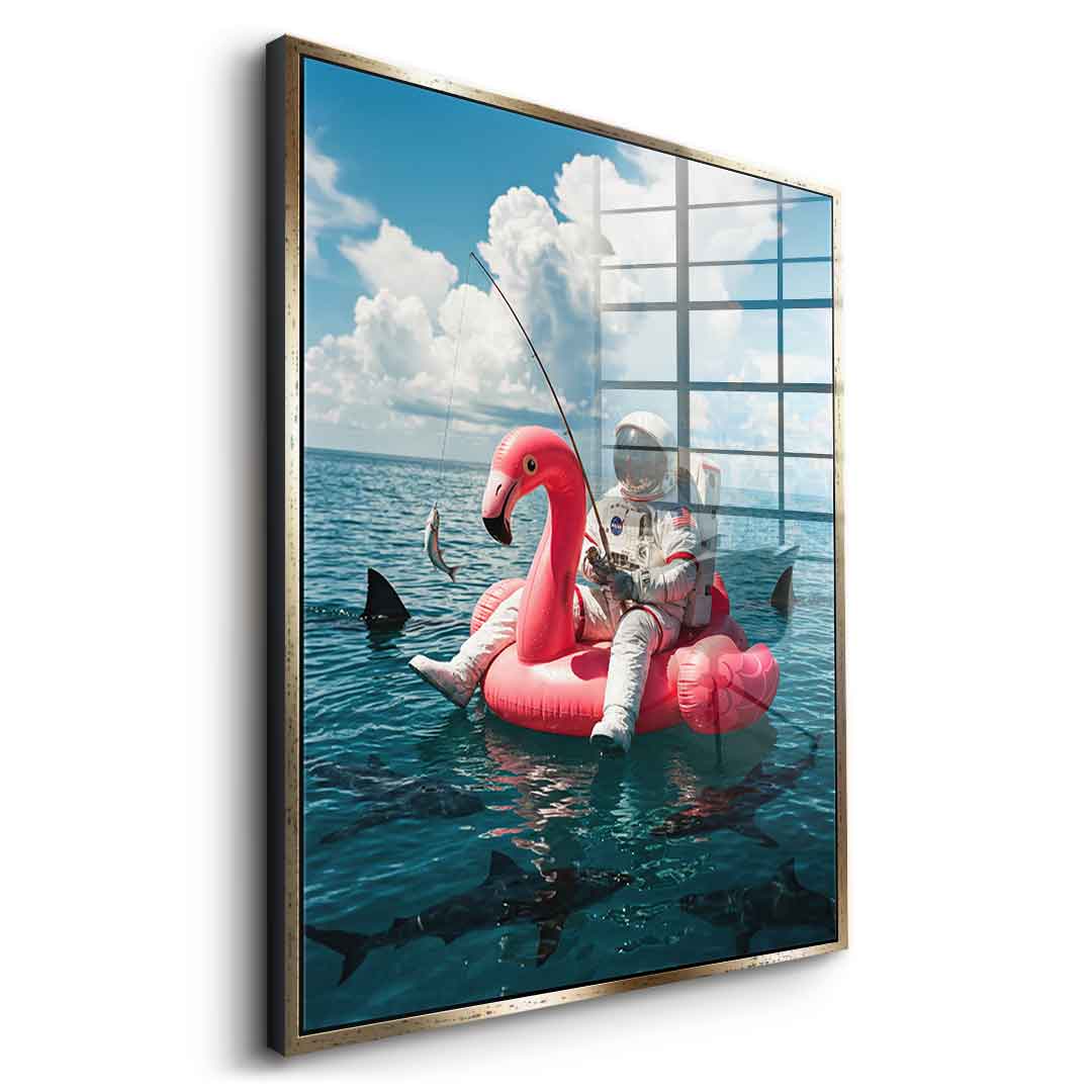 Acrylglas Seitenansicht Silber-Rahmen — Fearless Astronaut on a Flamingo