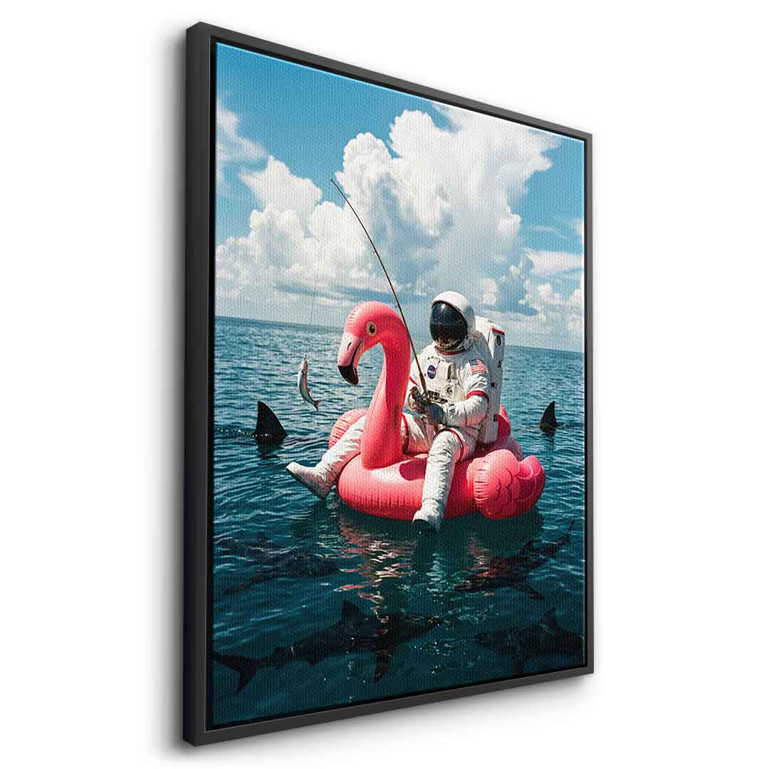 Canvas Seitenansicht Schwarz-Rahmen — Fearless Astronaut on a Flamingo