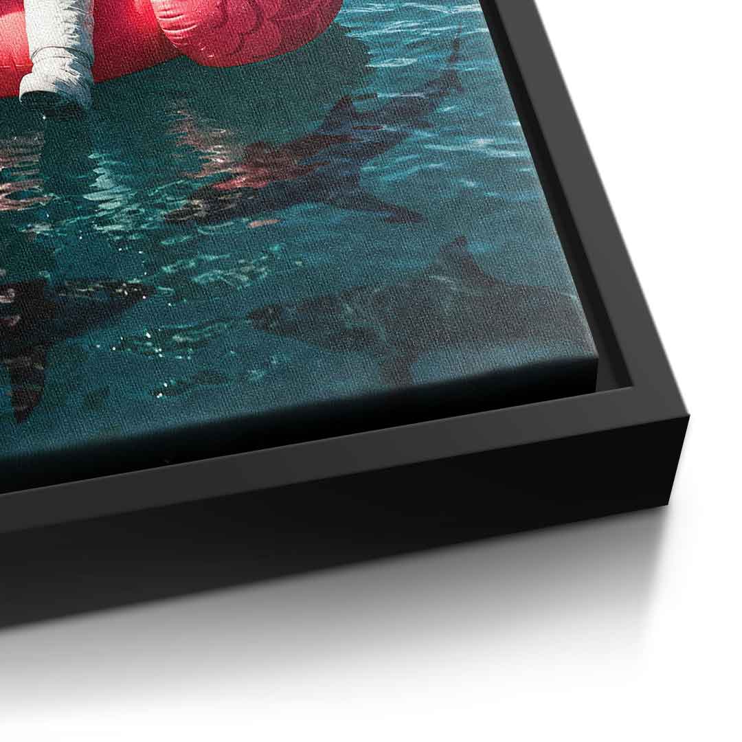 Canvas Detail Schwarz-Rahmen — Fearless Astronaut on a Flamingo