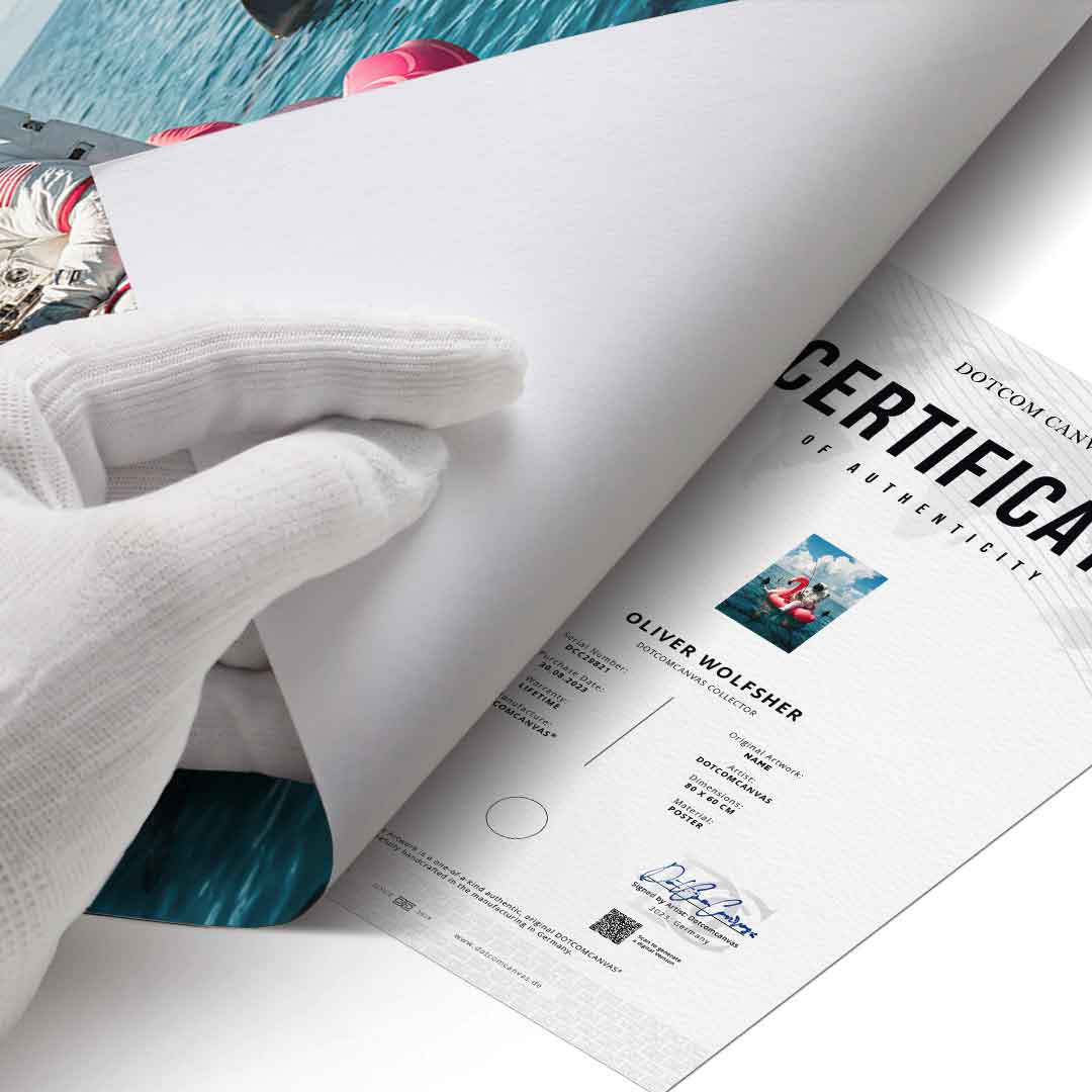 Poster Echtheitszertifikat — Fearless Astronaut on a Flamingo
