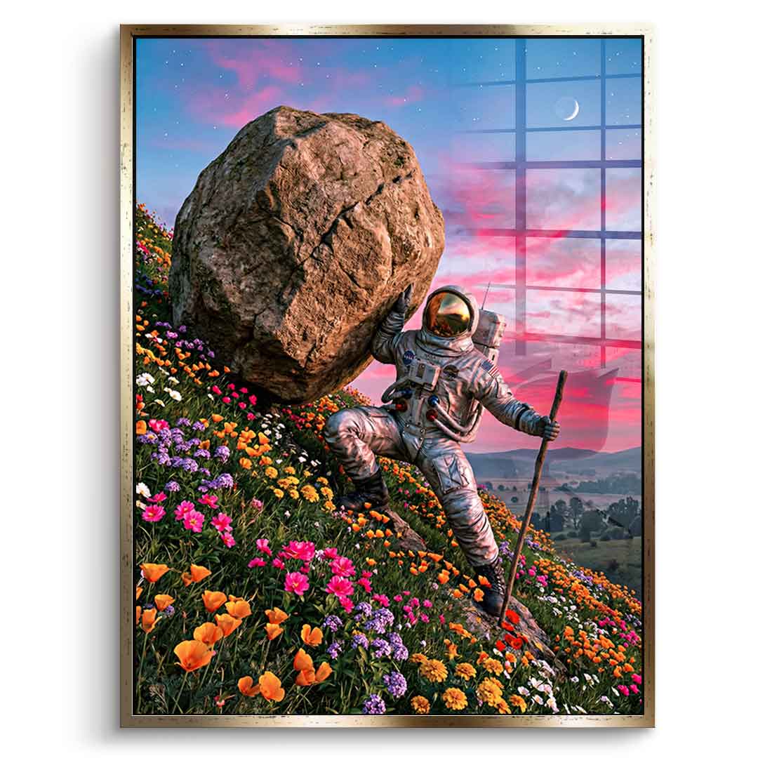 DOTCOMCANVAS® Astronaut's Heavy Burden Acrylglasbild – Vorderansicht goldener Rahmen