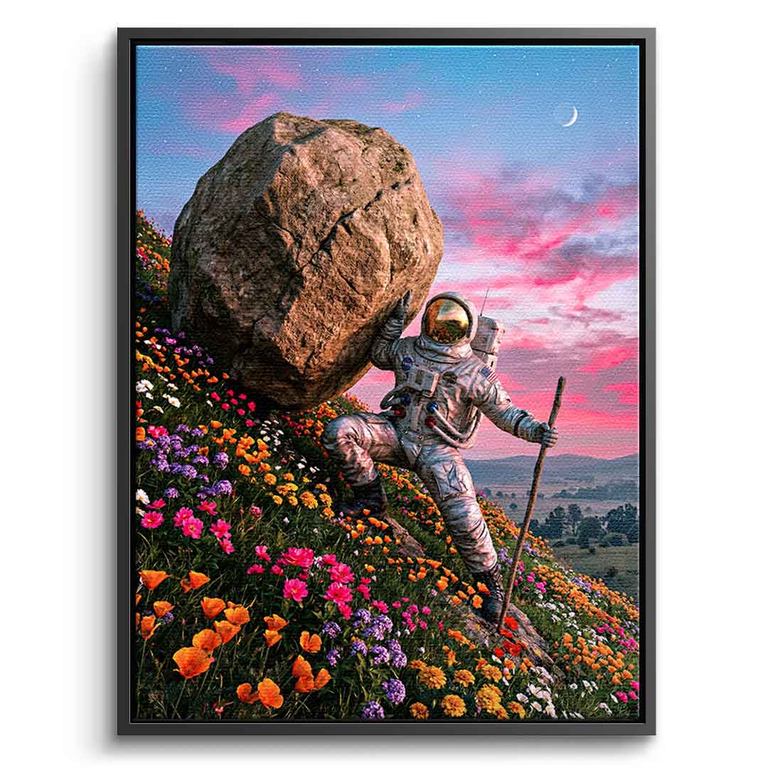 DOTCOMCANVAS® Astronaut's Heavy Burden Leinwandbild – Vorderansicht schwarzer Rahmen