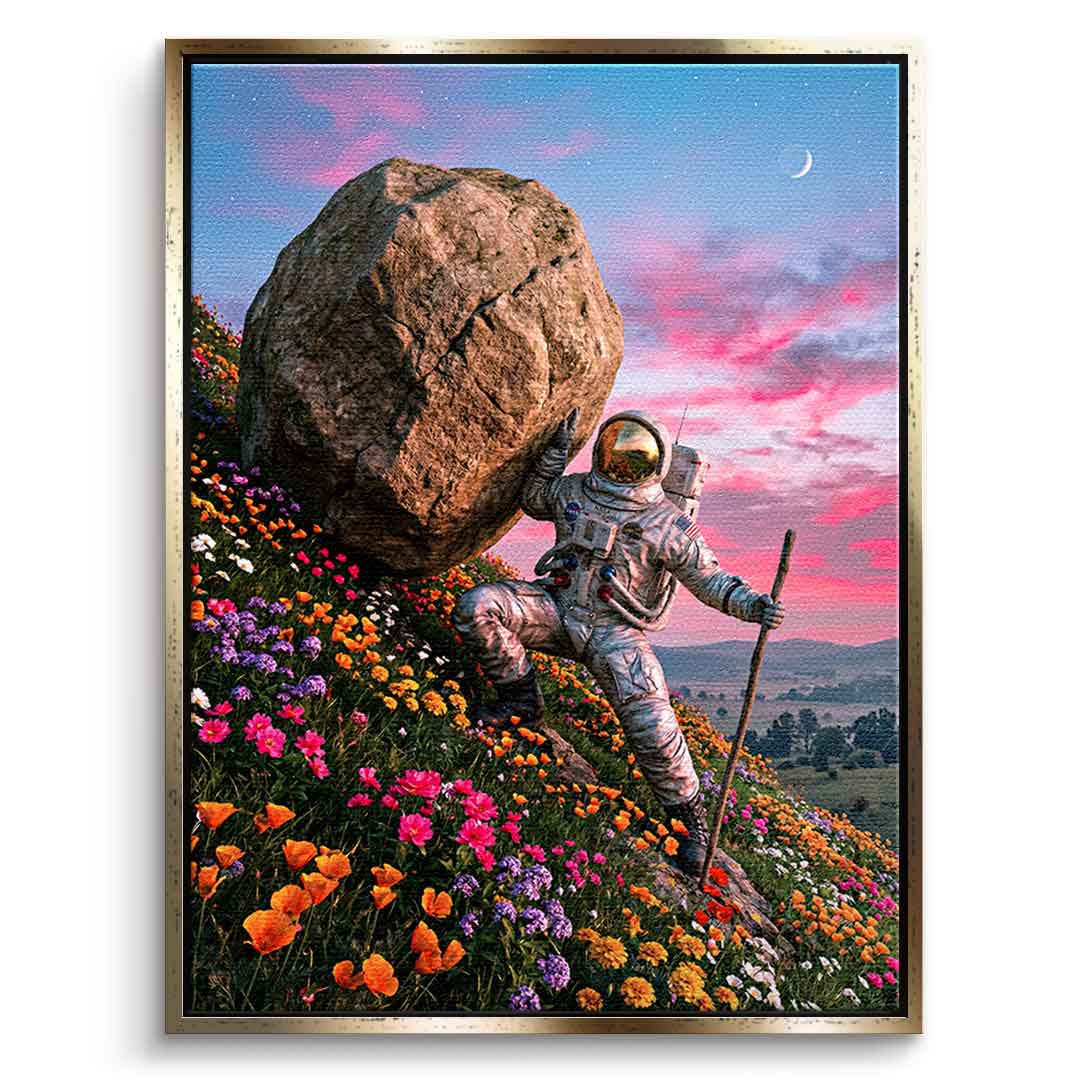 DOTCOMCANVAS® Astronaut's Heavy Burden Leinwandbild – Vorderansicht goldener Rahmen