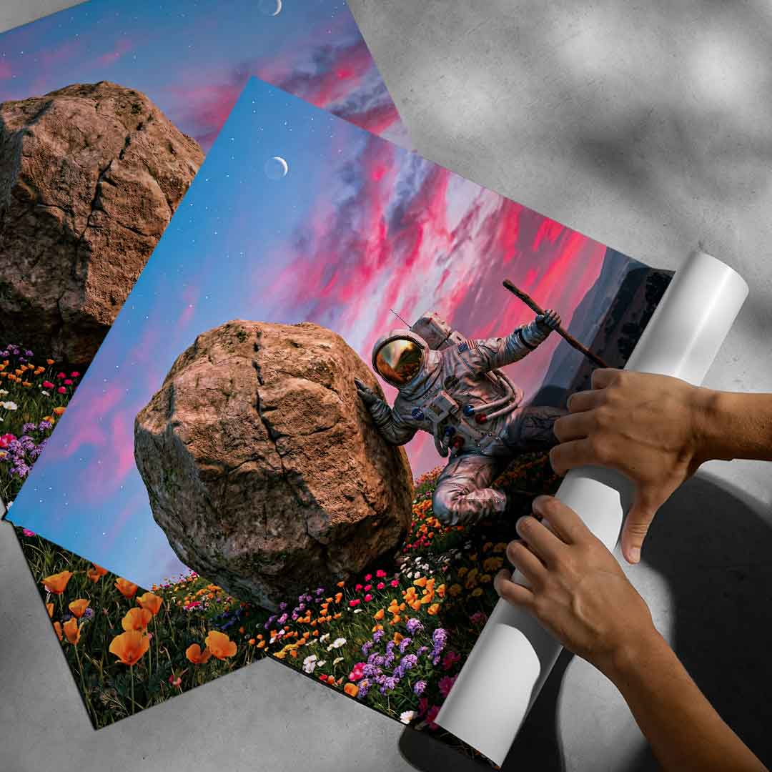 DOTCOMCANVAS® Astronaut's Heavy Burden Poster – aufgerollt