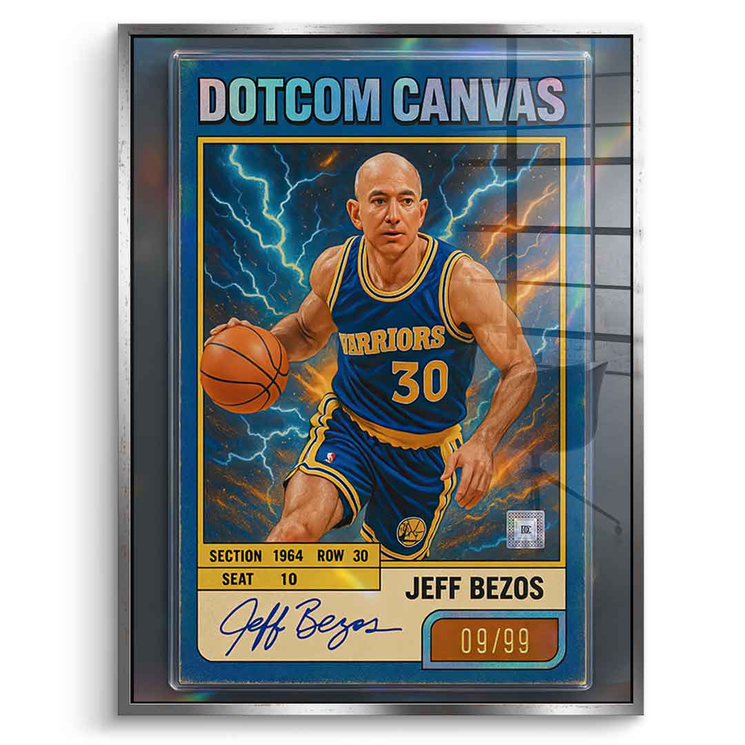 DOTCOMCANVAS® Jeff Bezos Basketball Card Acrylglasbild Silberner Rahmen Frontansicht