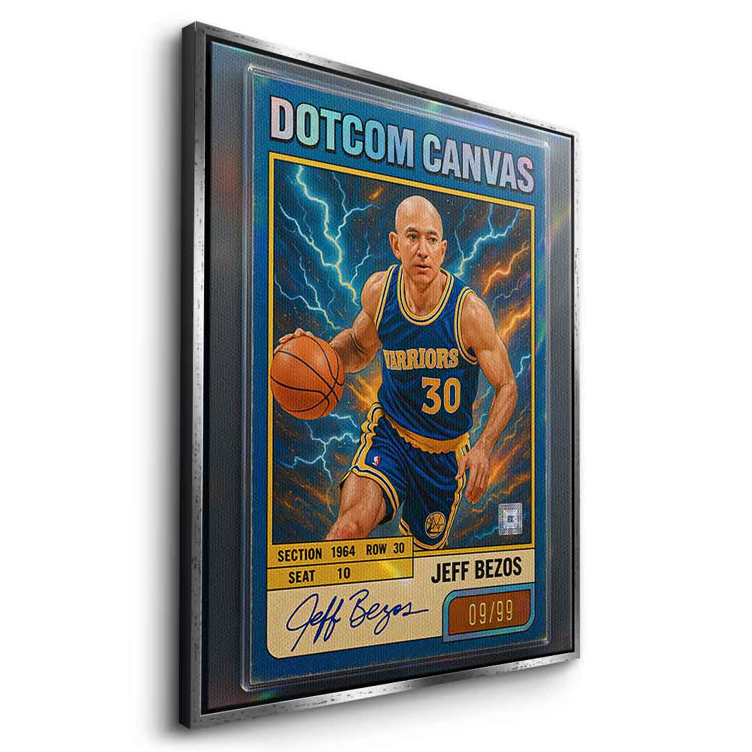 DOTCOMCANVAS® Jeff Bezos Basketball Card Leinwandbild Schwarzer Rahmen Seitenansicht