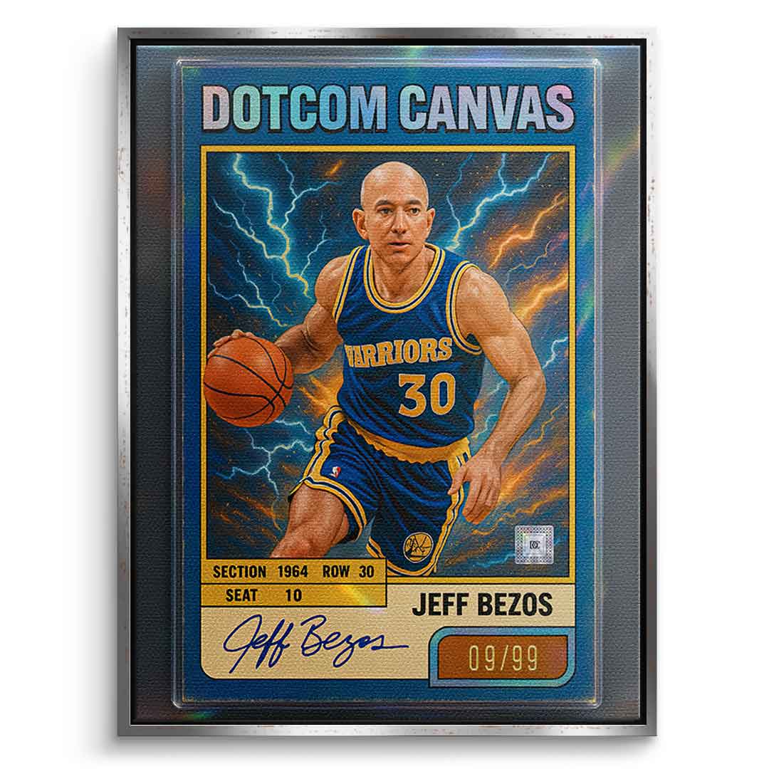 DOTCOMCANVAS® Jeff Bezos Basketball Card Leinwandbild Silberner Rahmen Frontansicht