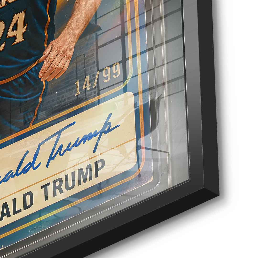 DOTCOMCANVAS Donald Trump Basketball Card Acrylglasbild - Detail Schwarzer Rahmen