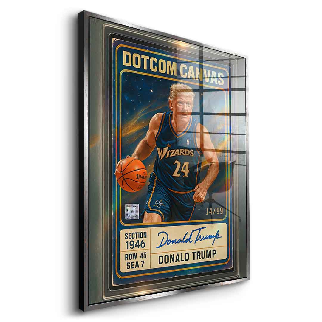 DOTCOMCANVAS Donald Trump Basketball Card Acrylglasbild - Goldener Rahmen Seitenansicht