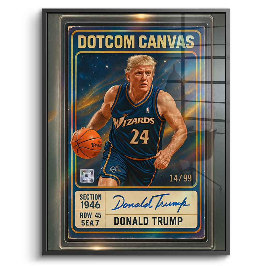 DOTCOMCANVAS Donald Trump Basketball Card Acrylglasbild - Schwarzer Rahmen Front