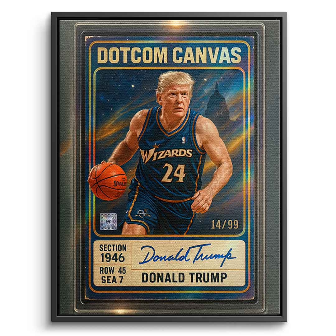 DOTCOMCANVAS Donald Trump Basketball Card Leinwandbild - Schwarzer Rahmen Front