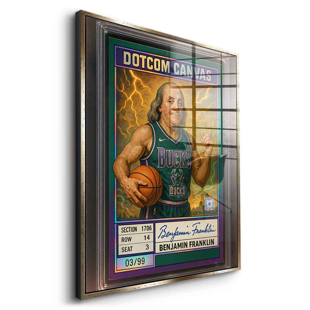 DOTCOMCANVAS® Benjamin Franklin Basketball Card Acrylglasbild mit silbernem Rahmen Seitenansicht